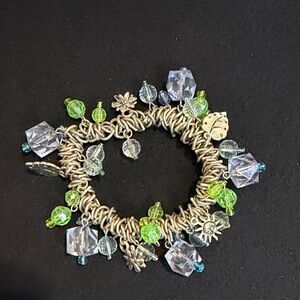 Silver Charm Stretch Bracelet with Light Green and Pale Blue Beads